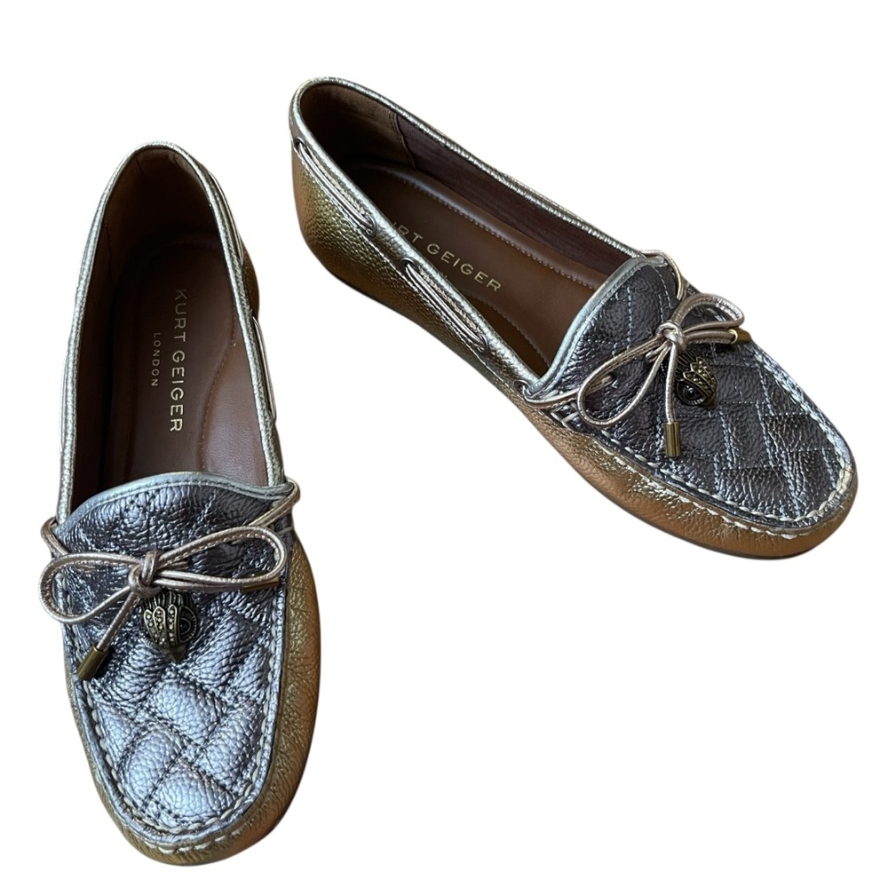 Kurt Geiger London Metallic Quilted Leather Loafers Crown Charm Bow Moccasins - Picture 16 of 16